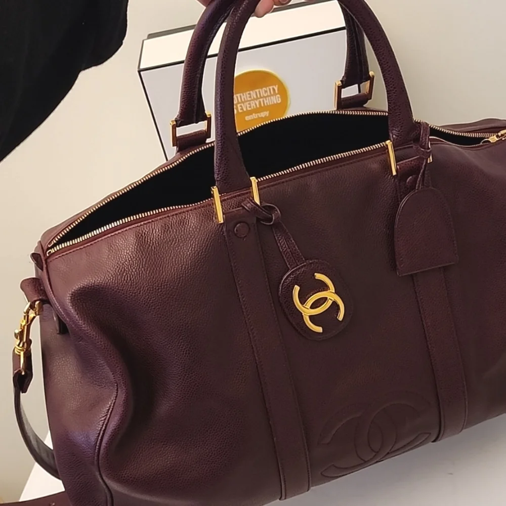 Rare! Chanel CC Caviar Leather Duffel Travel Gym Bag Burgundy ENTRUPY COA - Picture 14 of 16